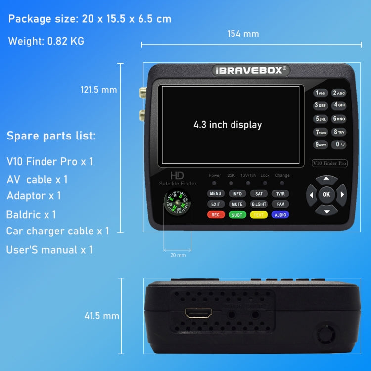 iBRAVEBOX V10 Finder Pro 4.3 inch Display Digital Satellite Meter Signal Finder, Support DVB-S/S2/S2X/T/T2/C, EU Plug, US Plug, UK Plug, AU Plug