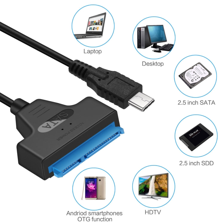 USB-C / Type-C 3.1 Male to SATA (15 Pin + 7 Pin) HDD Data Converter Cable, Length: 20cm