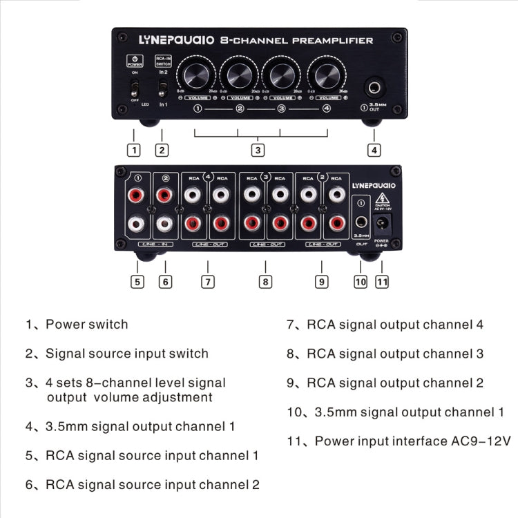 Pre-Amplifier Speaker Distributor, 2 In 8 Out Switcher, Speaker Comparator, Signal Booster, With Volume Control And Earphone 16-600 ohms / Monitor Function 2-Channel Signal Switching Input