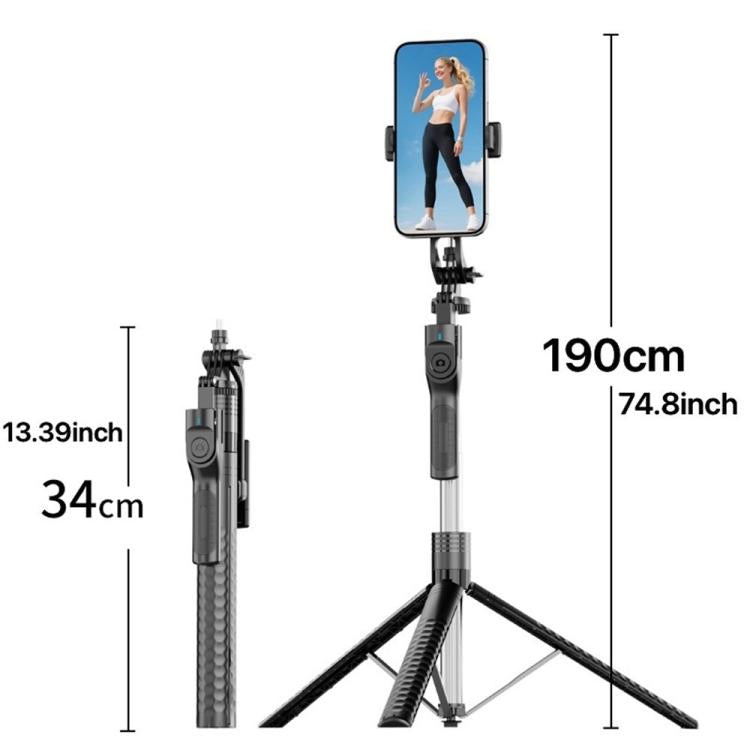 K50 1.9m Extendable Live Streaming Floor Stand Single Phone Clip Bluetooth Selfie Stick Tripod