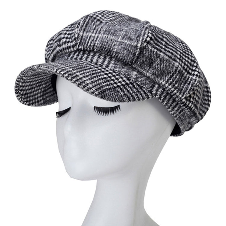 Autumn and Winter Retro Style Woolen Plaid Beret Octagonal Cap