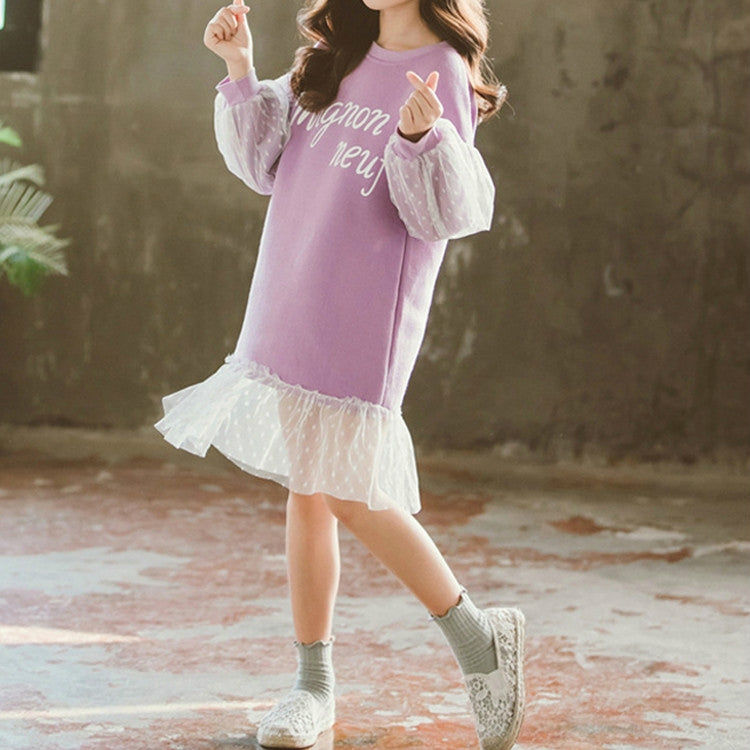 Autumn Girls Fashion Letter Pattern Long Sleeve Lace Stitching Dress
