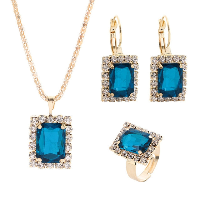 Square Crystal Necklace Earrings Ring For Women Jewelry Sets