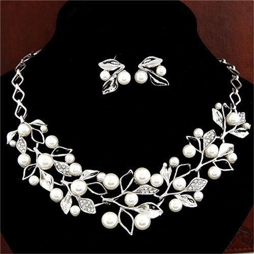 Leaf Crystal Simulated Pearl Wedding Jewelry Necklaces Earrings Sets