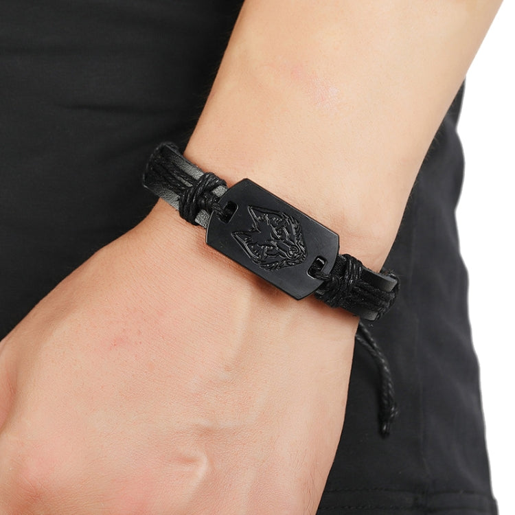 B01916 Men Leather Wolf Head Woven Bracelet