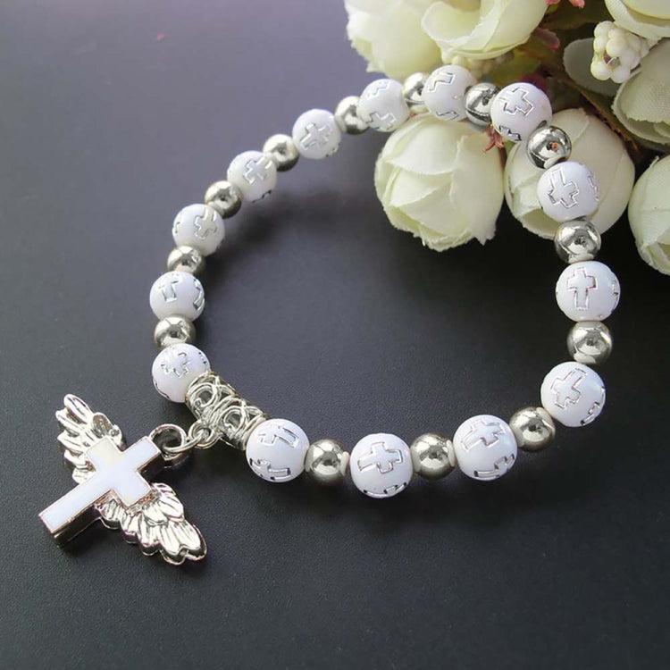 Gold Stamped Acrylic Angel Cross Bead Bracelet