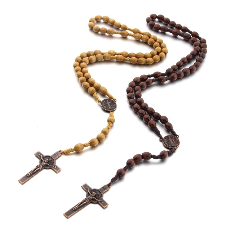 Wooden Beads Handmade Wire Vintage Cross Necklace, Dark Coffee