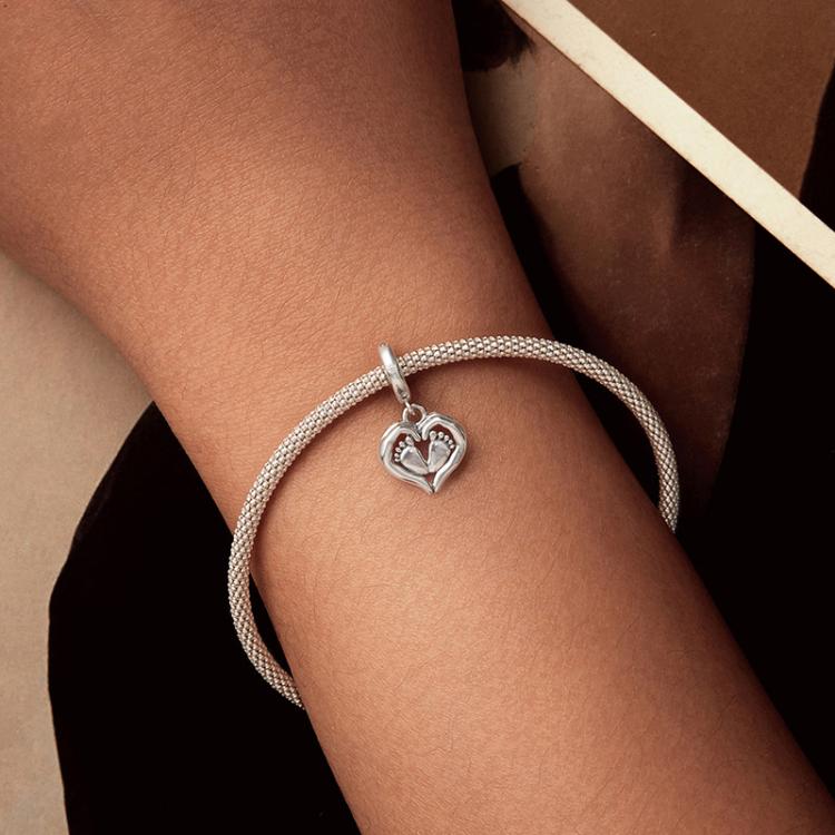 S925 Sterling Silver Heart Footprint Pendant Mother Day Beads