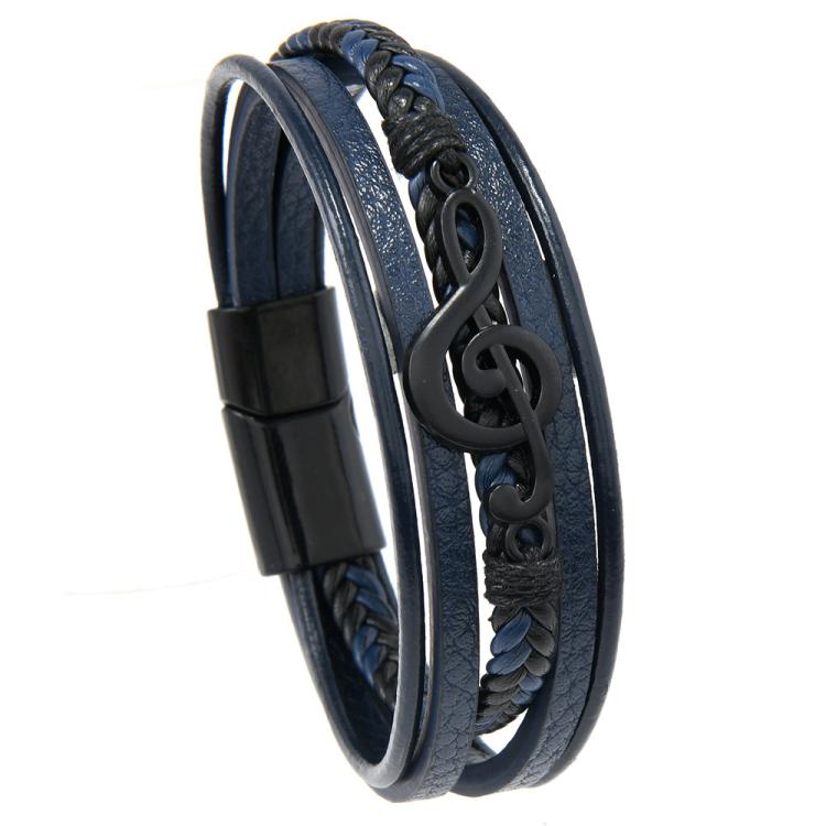 Men Braided Leather Bracelet with Musical Note Design, Magnetic Clasp Multi-Layer Wristband for Casual & Style