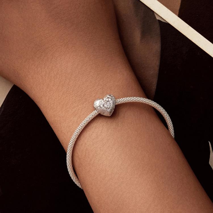 S925 Sterling Silver Platinum-Plated Shining Heart Beads