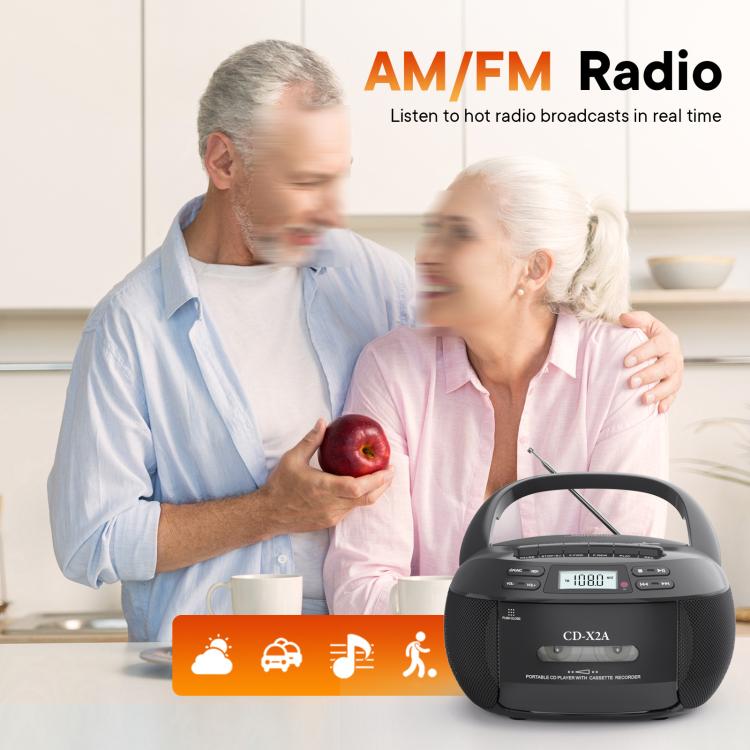 X2A Portable Cassette Player Stereo Bluetooth AM/FM/MP3 Music CD Player Tape Recorder, US Plug, EU Plug, UK Plug, AU Plug