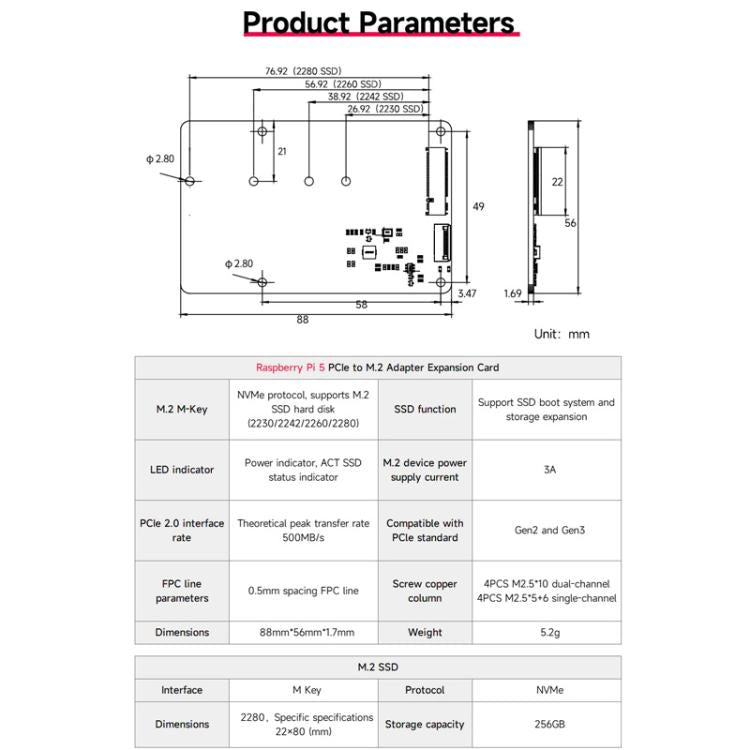 Yahboom PCIe To M.2 Adapter Expansion Board For Raspberry Pi 5 NVMe Expansion Board, Separate Board, Board + 256G SSD