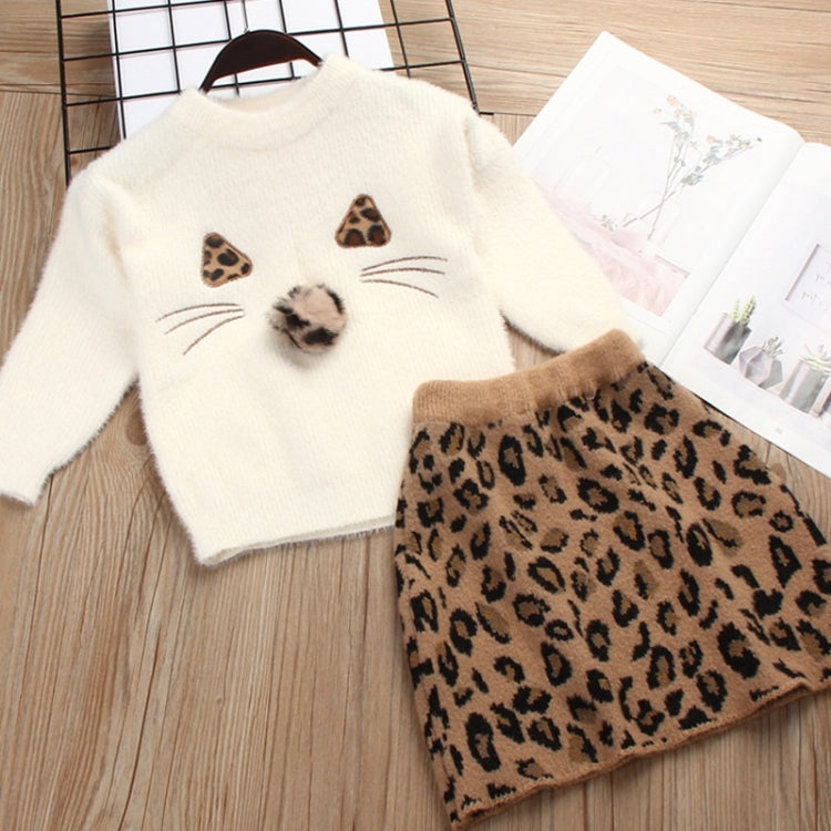 Girl Solid Color Sweater Mink Velvet + Leopard Skirt Two-piece, 90, 100, 110, 120