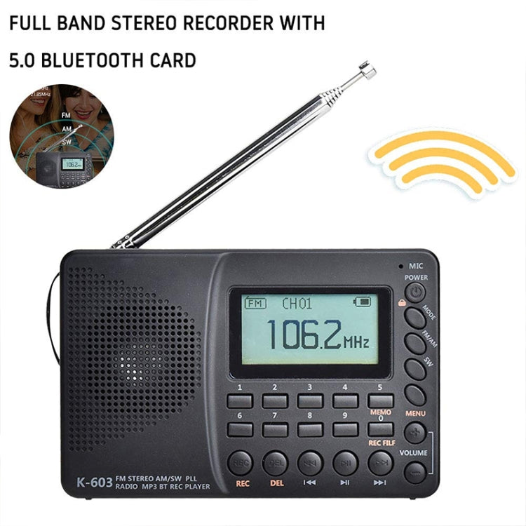 K-603 Portable FM / AM / SW Full Band Stereo Radio, Support BT & TF Card
