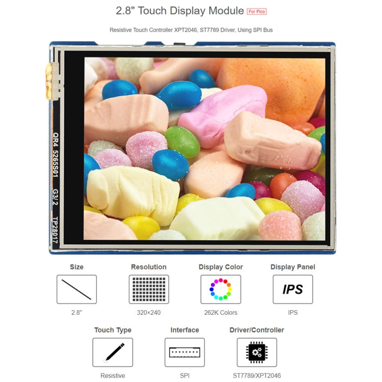 WAVESHARE 2.8 inch 262K Colors 320 x 240 Pixel Touch Display Module for Raspberry Pi Pico, SPI Interface