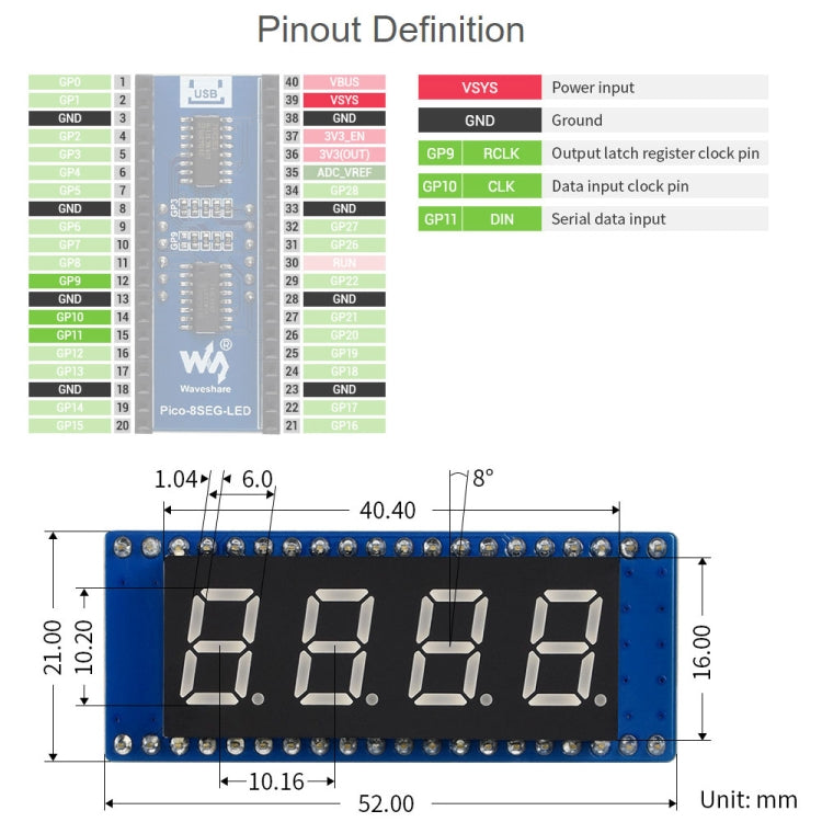 WAVESHARE 4-digit 8-segment Display Module for Raspberry Pi Pico, SPI-compatible