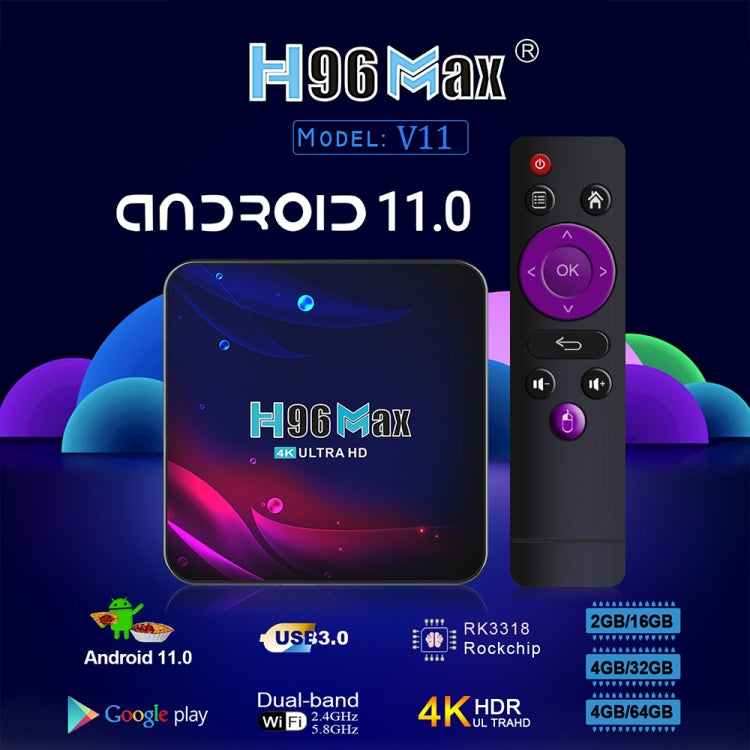 H96 Max V11 4K Smart TV BOX Android 11.0 Media Player with Remote Control, RK3318 Quad-Core 64bit Cortex-A53, RAM: 4GB, ROM: 32GB, Support Dual Band WiFi, Bluetooth, Ethernet, EU Plug