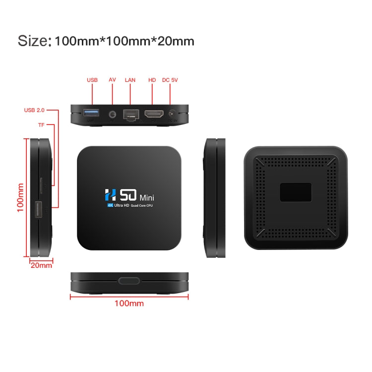 H50 Mini 4K Smart Network TV Box, Android 10.0, RK3318 Quad Core, 2GB+16GB, EU Plug