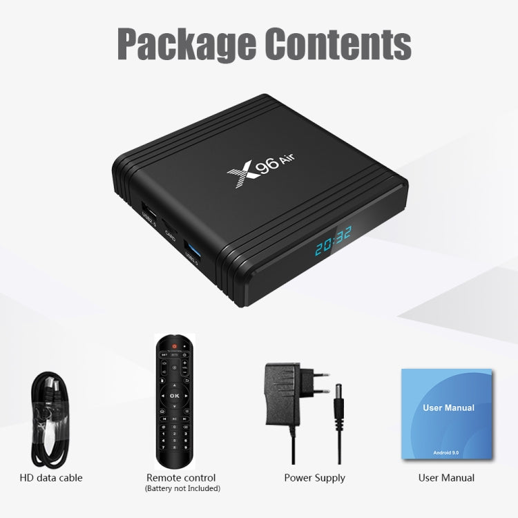 X96 Air 8K Smart TV BOX Android 9.0 Media Player with Remote Control, Quad-core Amlogic S905X3, RAM: 4GB, ROM: 32GB, Dual Band WiFi, Bluetooth, AU Plug, 4GB+32GB