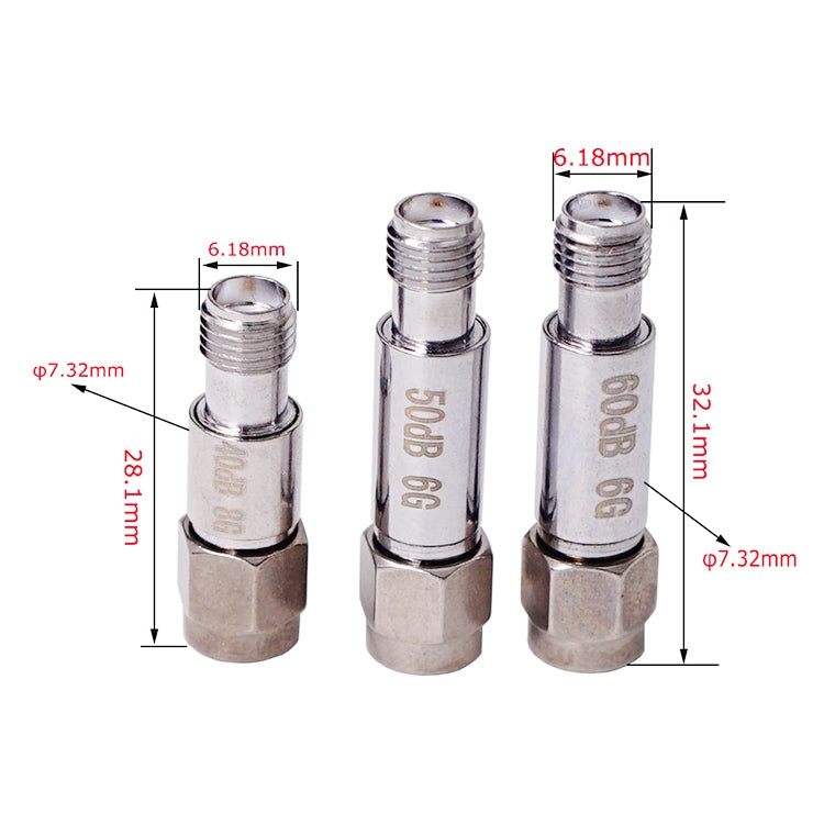 SMA Attenuator DC-6GHz SMA Coaxial Fixed Connectors, 1dBi, 2dBi, 3dBi, 5dBi, 6dBi, 8dBi, 9dBi, 10dBi, 15dBi, 25dBi, 30dBi, 40dBi, 50dBi, 60dBi