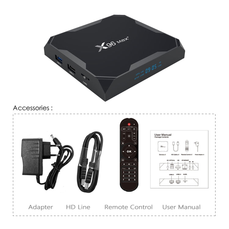 X96 max+ 4K Smart TV Box, Android 9.0, Amlogic S905X3 Quad-Core Cortex-A55,4GB+64GB, Support LAN, AV, 2.4G/5G WiFi, USBx2,TF Card,, EU Plug, UK Plug, AU Plug