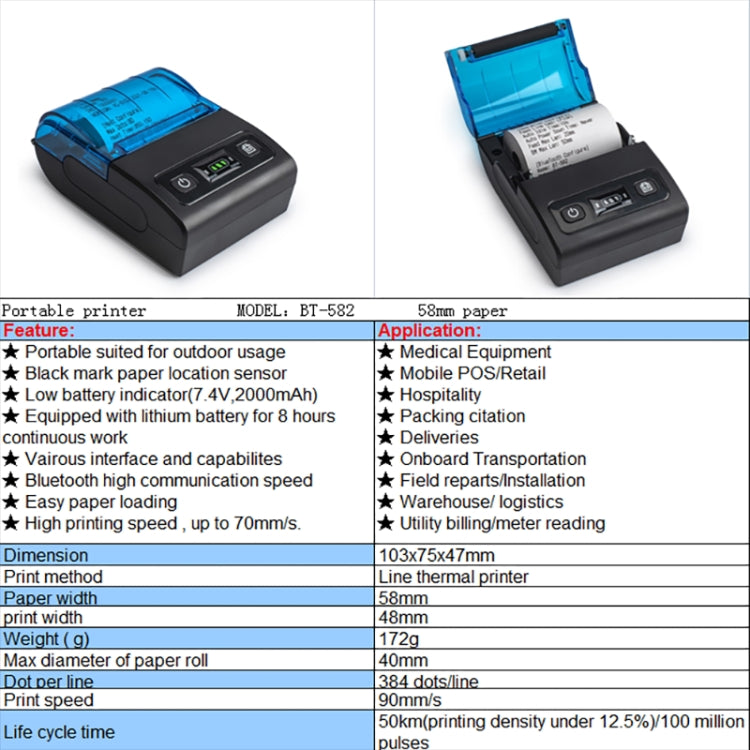 BT-582 58mm Type-C + Bluetooth Portable Thermal Printer