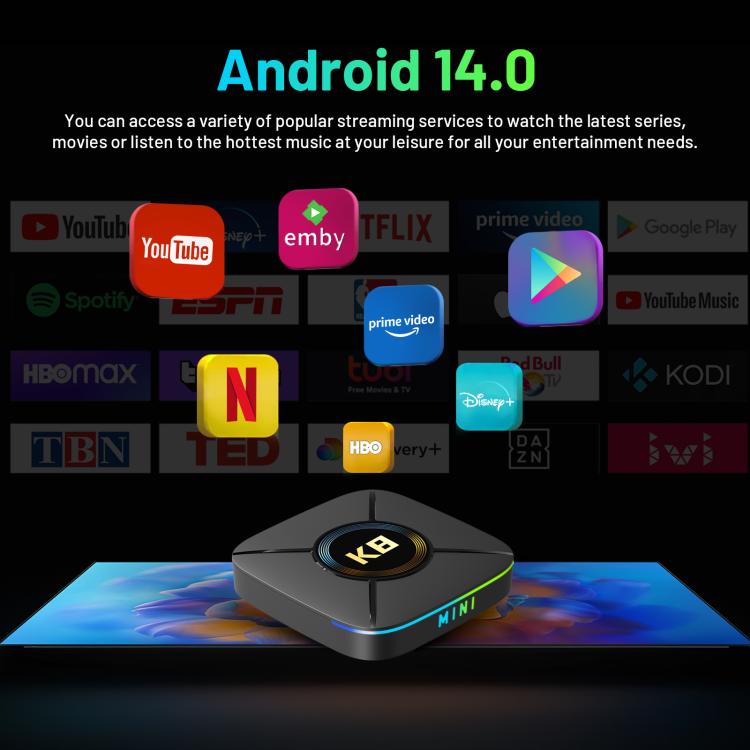 HK1 K8MINI 4K UHD Android 14 Smart TV Box with Remote Control, RK3518 Quad-Core, 2GB+16GB, 2GB+32GB