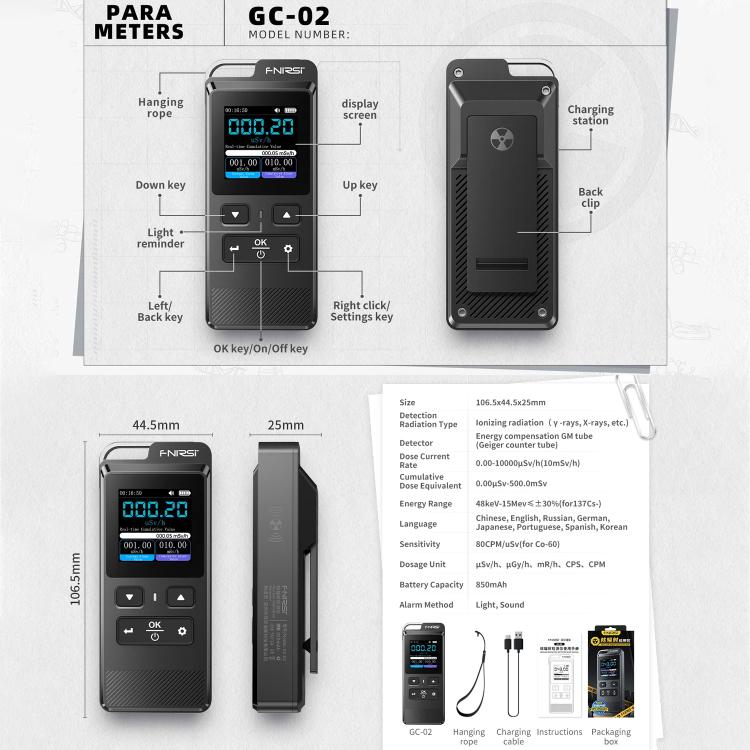 FNIRSI GC-02 Personal Radiation Detector with Alarm