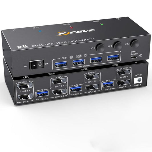 KCEVE KC-KVM302DP USB 3.0 Dual Monitor 8K 30Hz KVM Switch, US Plug, EU Plug, UK Plug, AU Plug