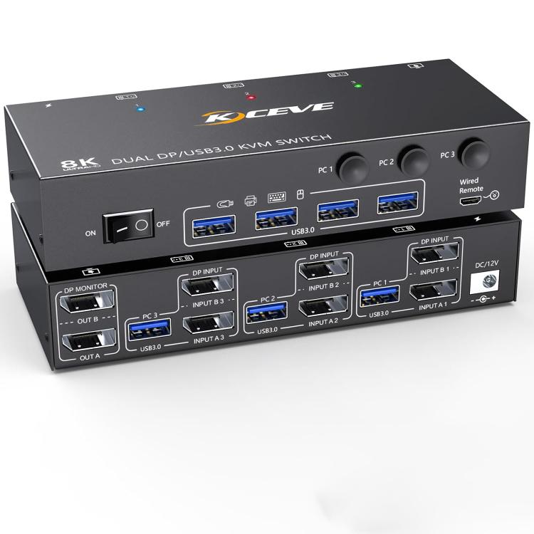KCEVE KC-KVM302DP USB 3.0 Dual Monitor 8K 30Hz KVM Switch, US Plug, EU Plug, UK Plug, AU Plug