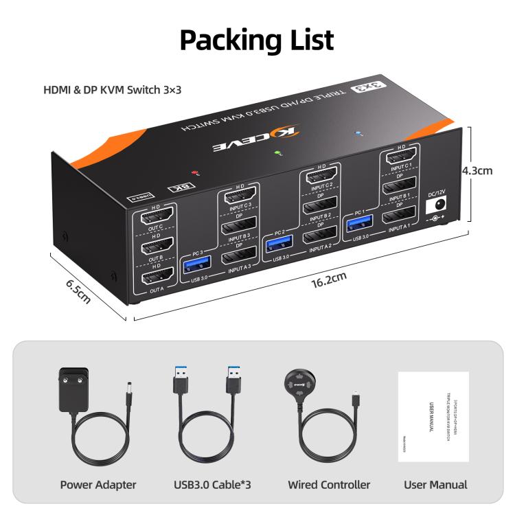 KCEVE KC-KVM303 USB 3.0 Dual Monitor 8K 60Hz KVM Switch