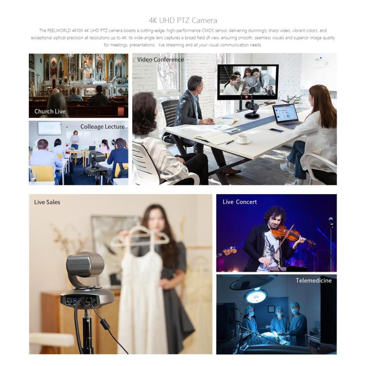 FEELWORLD 4K10X 4K PTZ Camera 10X Optical Zoom AI Tracking HDMI-compatible USB IP Remote Control, UK Plug, US Plug, EU Plug, AU Plug