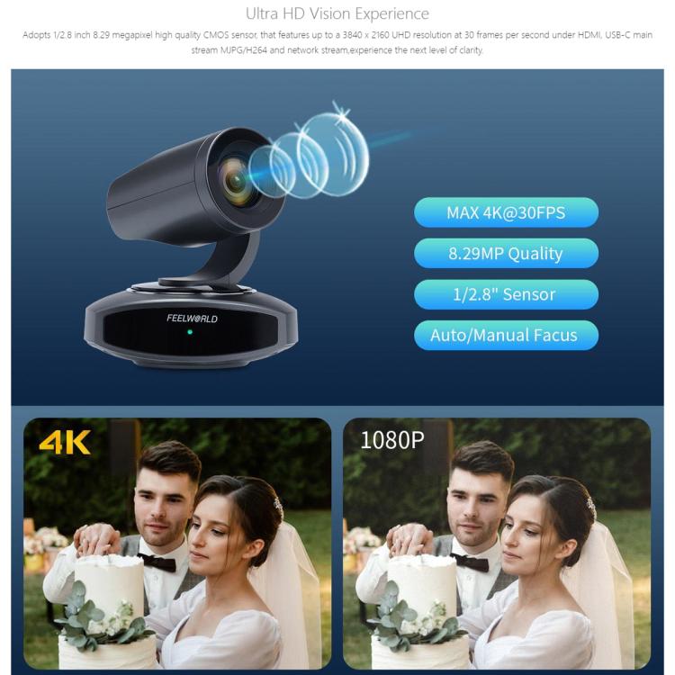 FEELWORLD 4K10X 4K PTZ Camera 10X Optical Zoom AI Tracking HDMI-compatible USB IP Remote Control, UK Plug, US Plug, EU Plug, AU Plug
