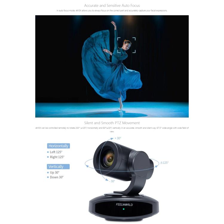 FEELWORLD 4K10X 4K PTZ Camera 10X Optical Zoom AI Tracking HDMI-compatible USB IP Remote Control, UK Plug, US Plug, EU Plug, AU Plug