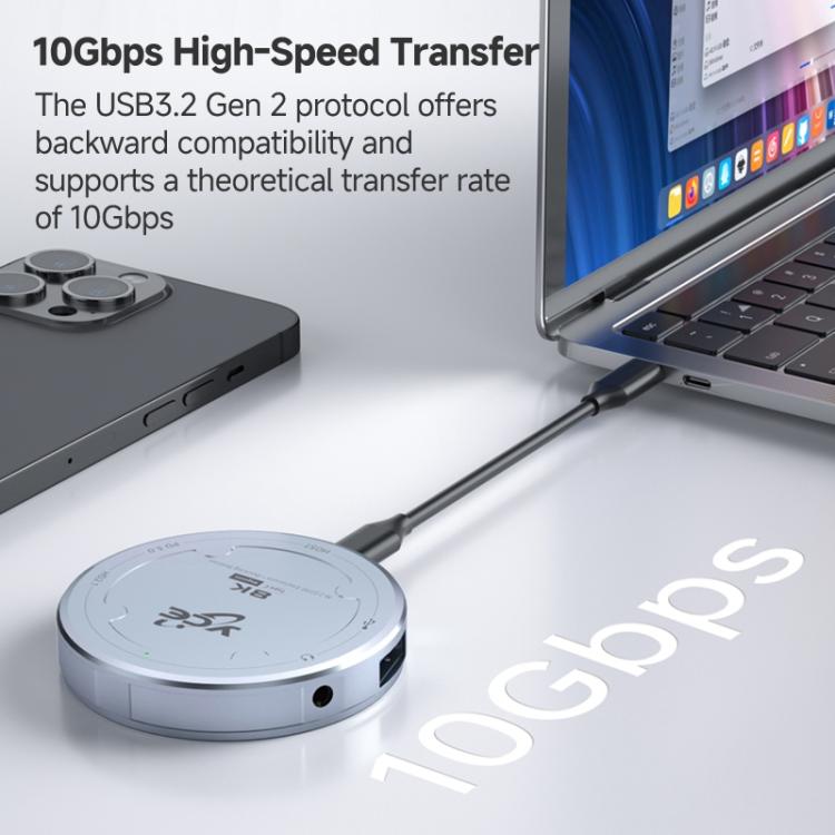 YCE-V195J USB-C / Type-C to PD3.0, HD2.1, USB3.2, 3.5mm, M.2 NVMe Magnetic Hard Drive Enclosure, YCE-V195J