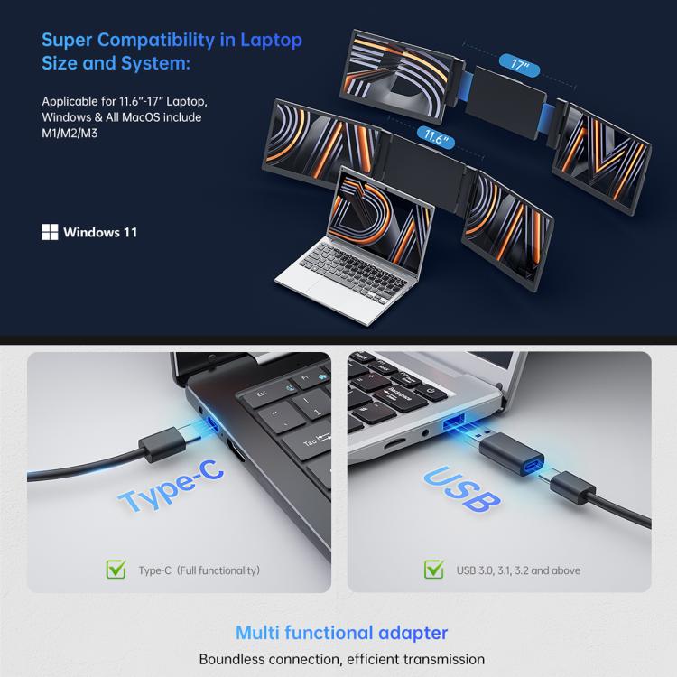 Arie 14 14 inch Expanded Display Triple Portable Monitor, US Plug, UK Plug, EU Plug