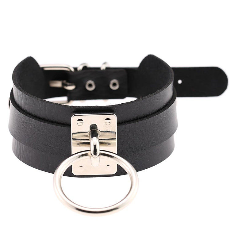 European and American Harajuku PU Leather Silver Single Ring Collar Wide Street-Snap Nightclub O-shaped Choker Necklace
