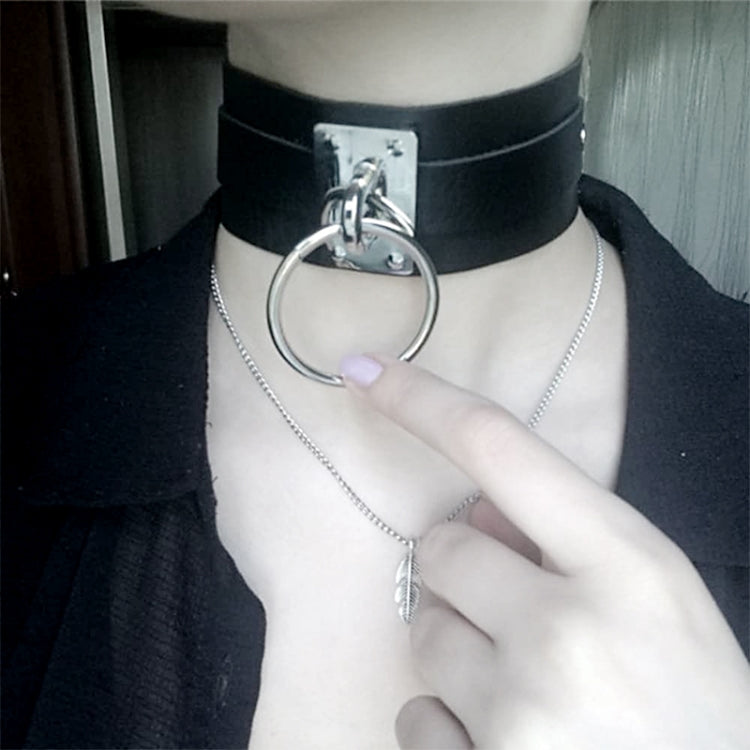 European and American Harajuku PU Leather Silver Single Ring Collar Wide Street-Snap Nightclub O-shaped Choker Necklace