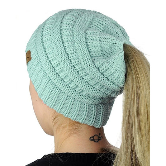 CC Letter Ponytail Cap Knitting Hat for Ladies