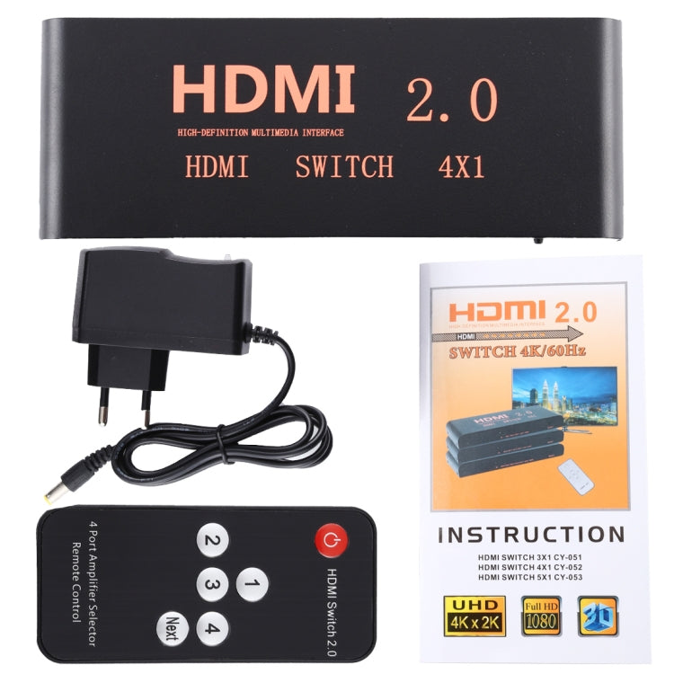 4X1 4K/60Hz HDMI 2.0 Switch with Remote Control, EU Plug