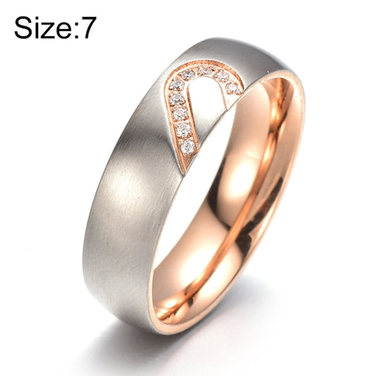 Fashion Rhinestone Love Heart Splice Couples Ring Fine Titanium Steel Ring for Men and Women(Gold with Diamond, US Size: 7)