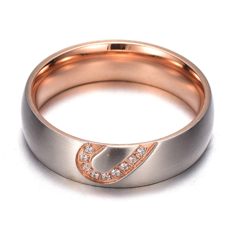 Fashion Rhinsetone Love Heart Splice Couples Ring Fine Titanium Steel Ring for Men and Women(Gold with Diamond, US Size: 8)