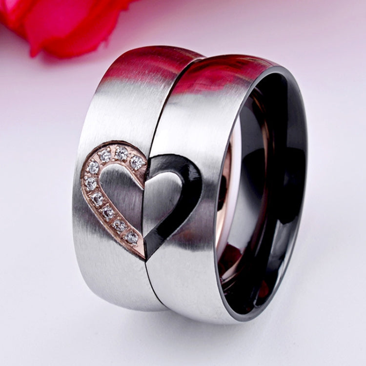 Fashion Rhinsetone Love Heart Splice Couples Ring Fine Titanium Steel Ring for Men and Women(Gold with Diamond, US Size: 8)