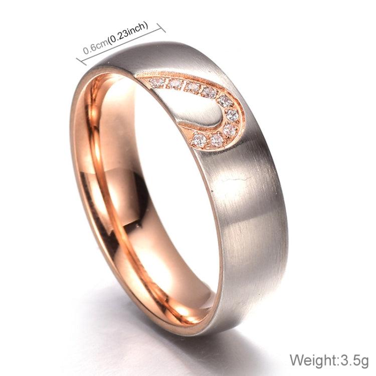Fashion Rhinestone Love Heart Splice Couples Ring Fine Titanium Steel Ring for Men and Women(Gold with Diamond, US Size: 9)