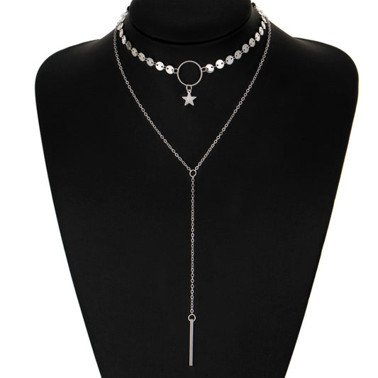Simple Sexy Handmade Sequins Star Tassels Circle Clavicle Chain Long Pendant Double-layer Chain