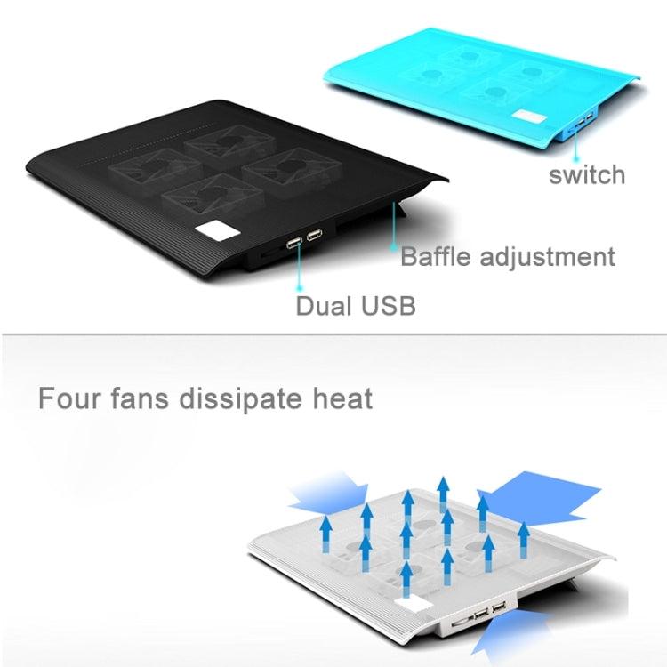 NUOXI L112A Four Fans Adjustable Speed Silent Notebook Computer Cooling Base USB Cooler Pad with 2 x USB Ports