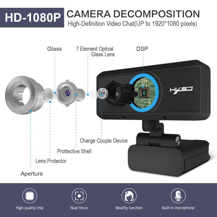 HXSJ S4 1080P Adjustable 180 Degree HD Manual Focus Video Webcam PC Camera with Microphone