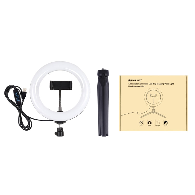 PULUZ 7.9 inch 20cm Light + Desktop Tripod Mount USB 3 Modes Dimmable Dual Color Temperature LED Curved Light Ring Vlogging Selfie Beauty Photography Video Lights with Phone Clamp, 7.9 inch+Tripod