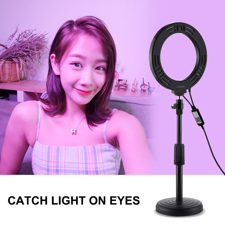 PULUZ 6.2 inch 16cm RGBW Light + Round Base Desktop Holder USB Dimmable LED Ring Vlogging Photography Video Lights with Cold Shoe Tripod Ball Head & Remote Control, Desktop Mount + 6.2 inch RGBW / Remote
