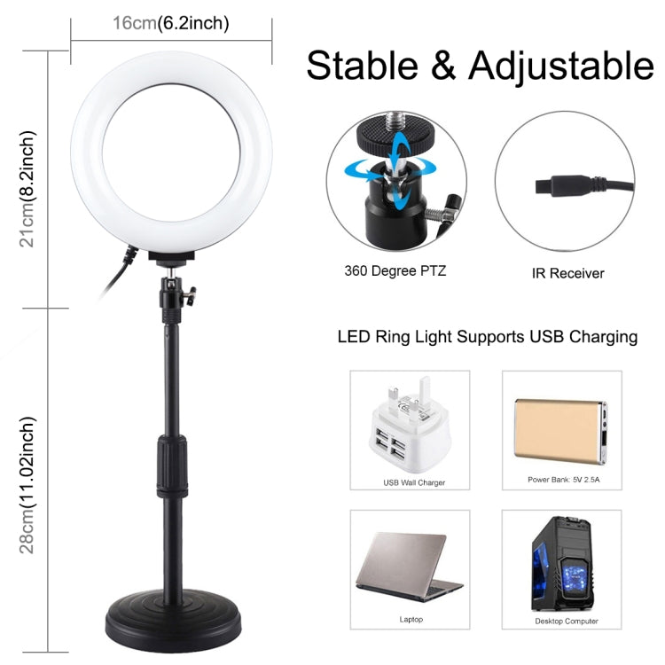 PULUZ 6.2 inch 16cm RGBW Light + Round Base Desktop Holder USB Dimmable LED Ring Vlogging Photography Video Lights with Cold Shoe Tripod Ball Head & Remote Control, Desktop Mount + 6.2 inch RGBW / Remote